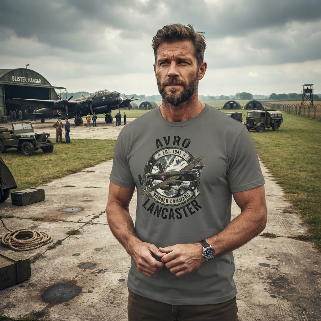 A man wearing a gray graphic t-shirt with a Lancaster bomber design, standing in front of a blurred airfield backdrop with vintage aircraft and hangars.