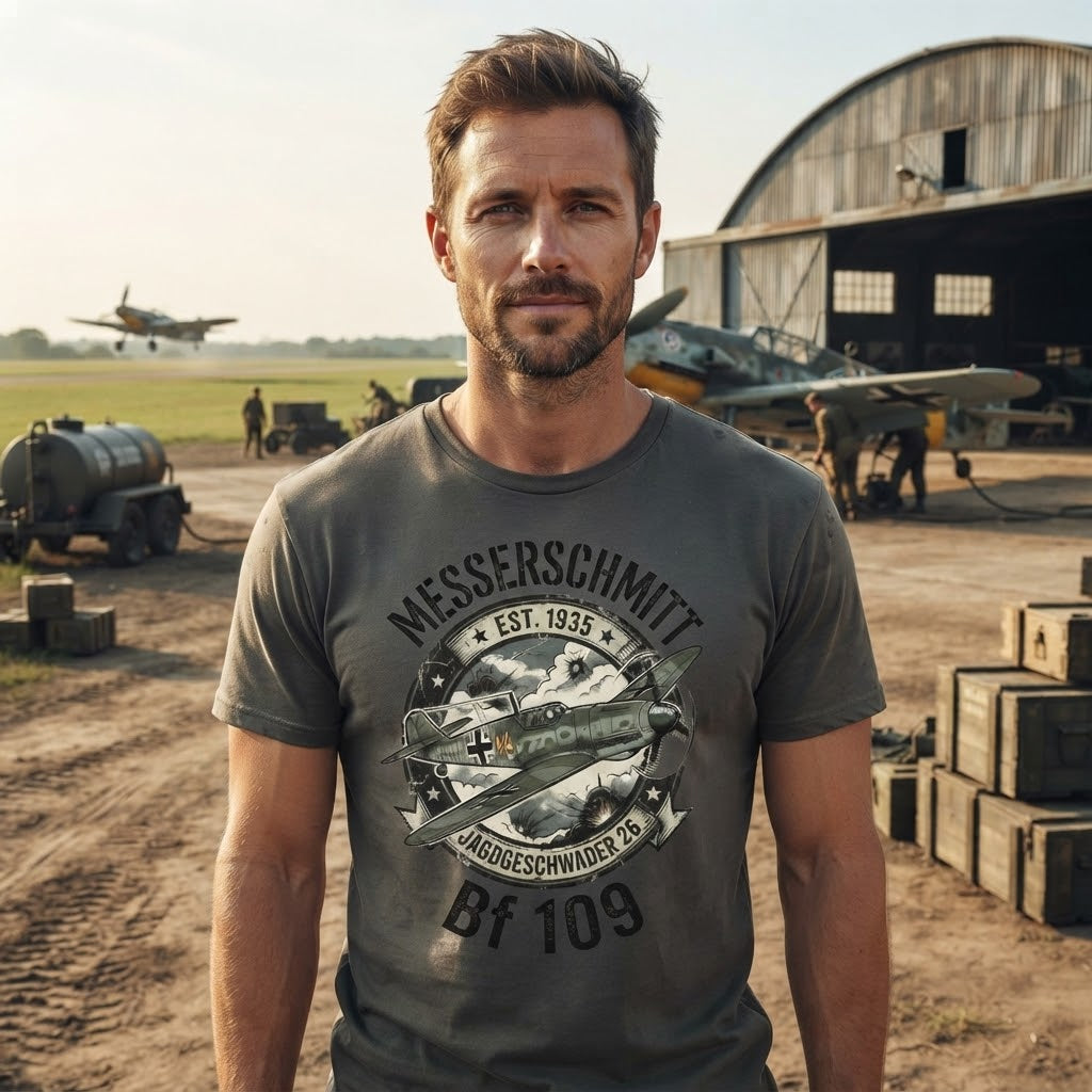 A man wearing a dark gray graphic t-shirt with Messerschmitt Bf 109 aviation-themed print, standing in front of a vintage airfield hangar with aircraft in the background.