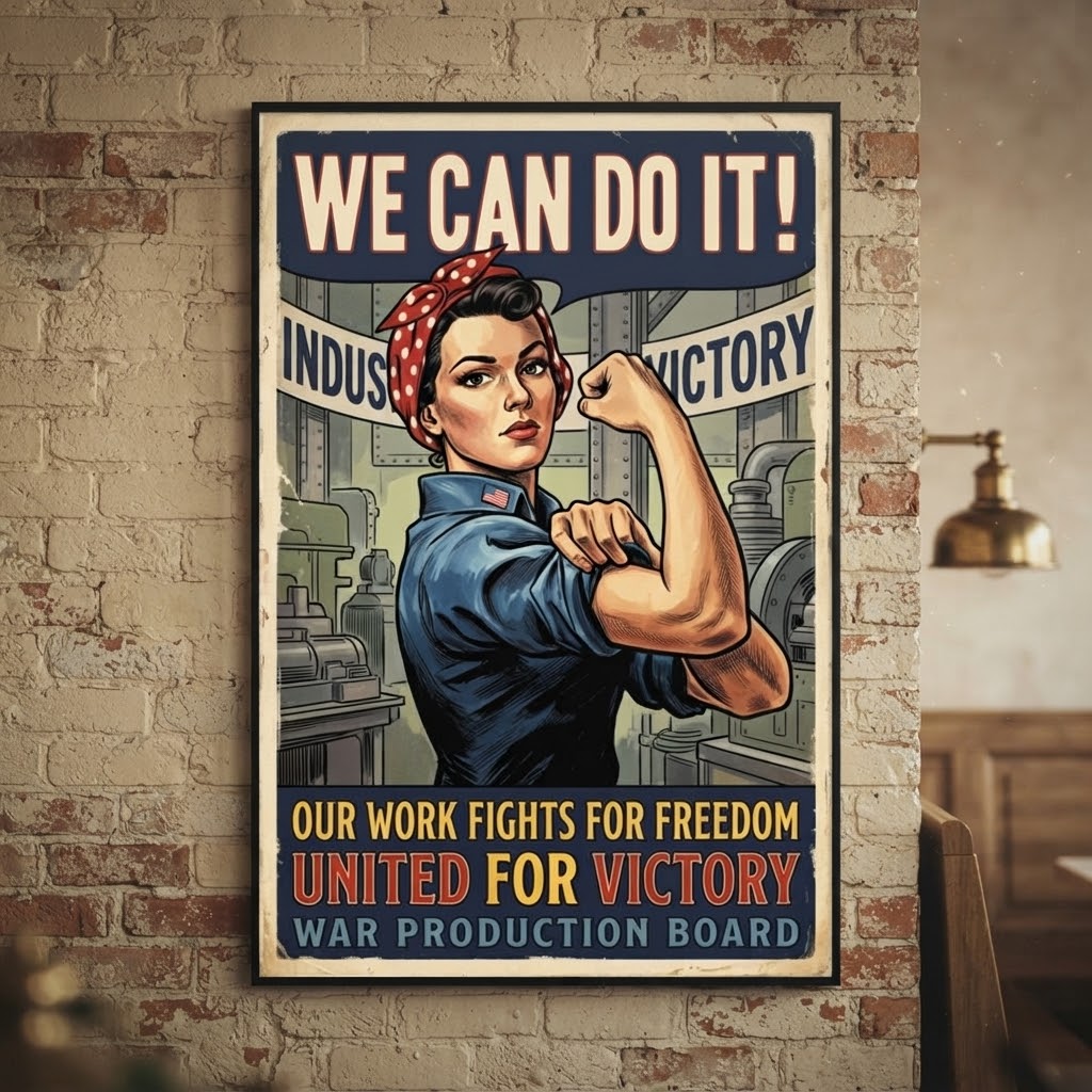 A framed vintage-style poster featuring Rosie the Riveter flexing her bicep with the text 'WE CAN DO IT!' and 'UNITED FOR VICTORY,' displayed on a brick wall in an indoor setting.
