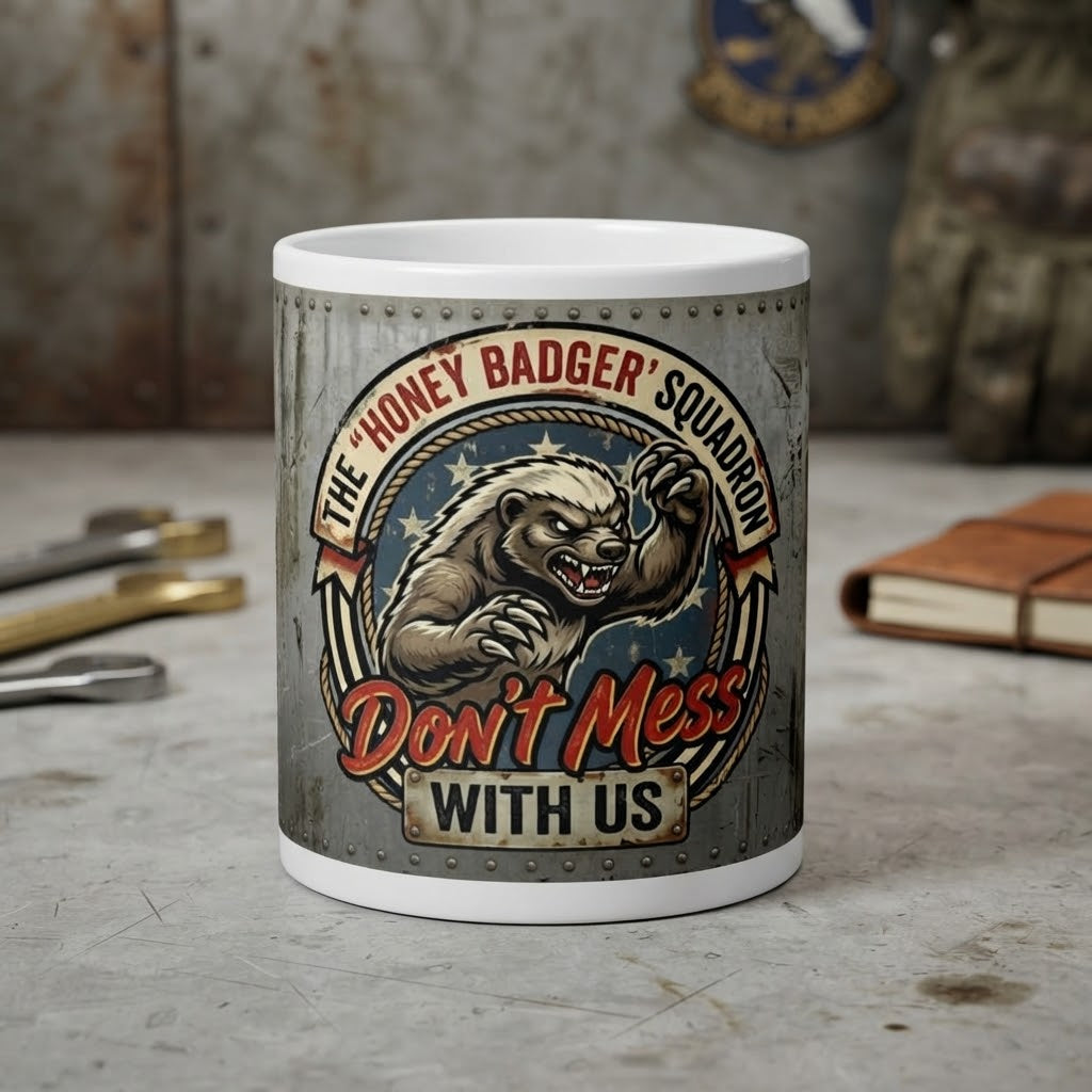 A white ceramic mug with a detailed graphic print of a honey badger and the text 'The "Honey Badger" Squadron Don't Mess With Us', displayed on a rustic, weathered gray tabletop with military-themed props in the background.