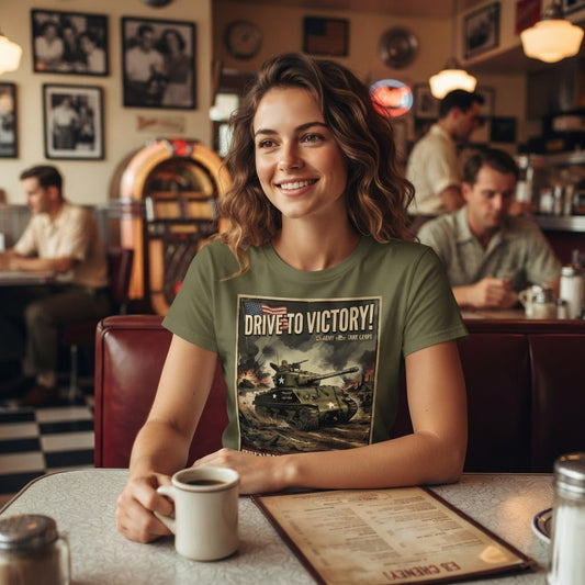 A woman sitting at a diner table wearing an olive green graphic t-shirt with a tank battle print and the text 'DRIVE TO VICTORY!'.