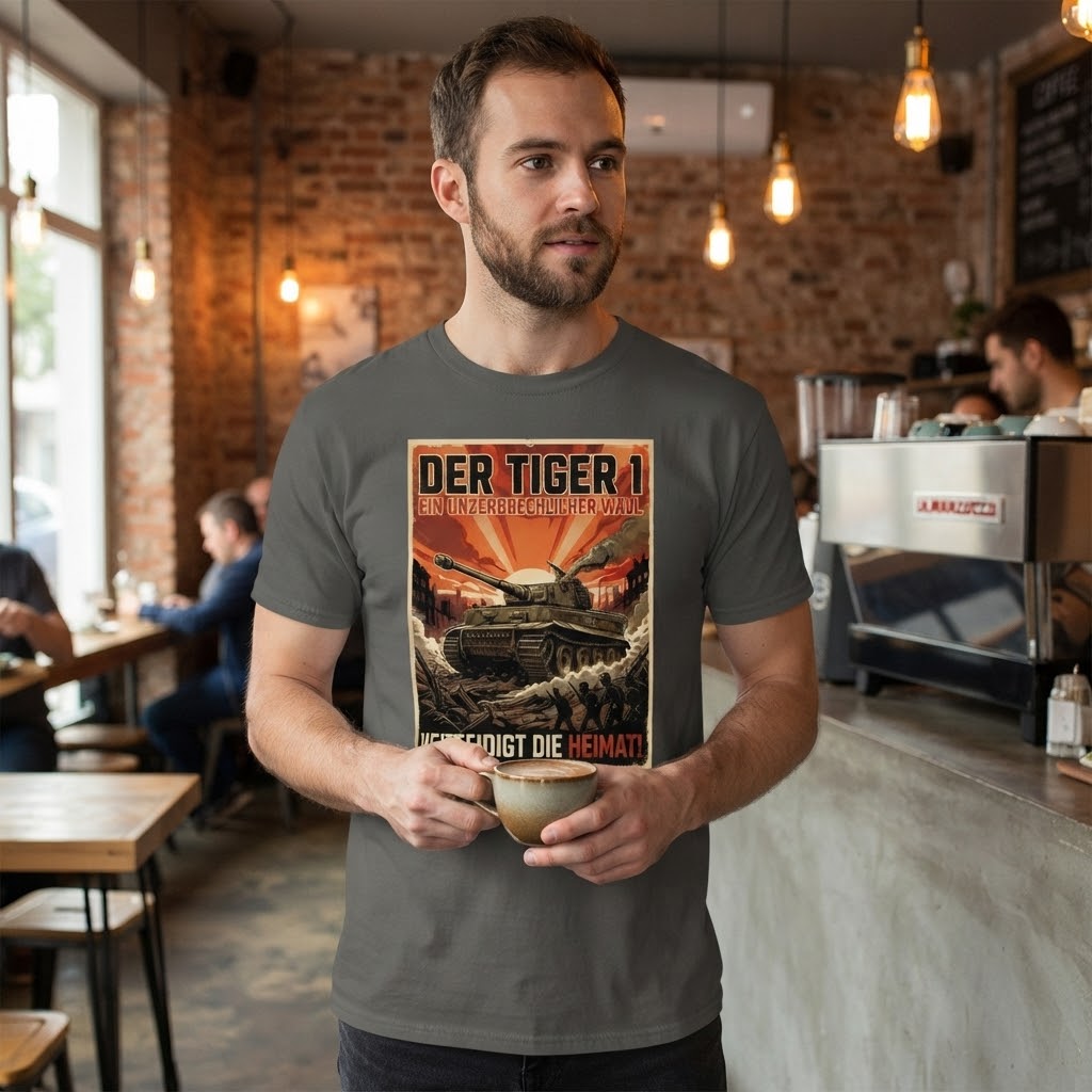 A man wearing a dark gray t-shirt with a vintage-style German military propaganda poster graphic that reads 'DER TIGER 1'. He is holding a coffee cup inside a cozy, rustic cafe with brick walls, hanging light bulbs, and a coffee machine in the background.