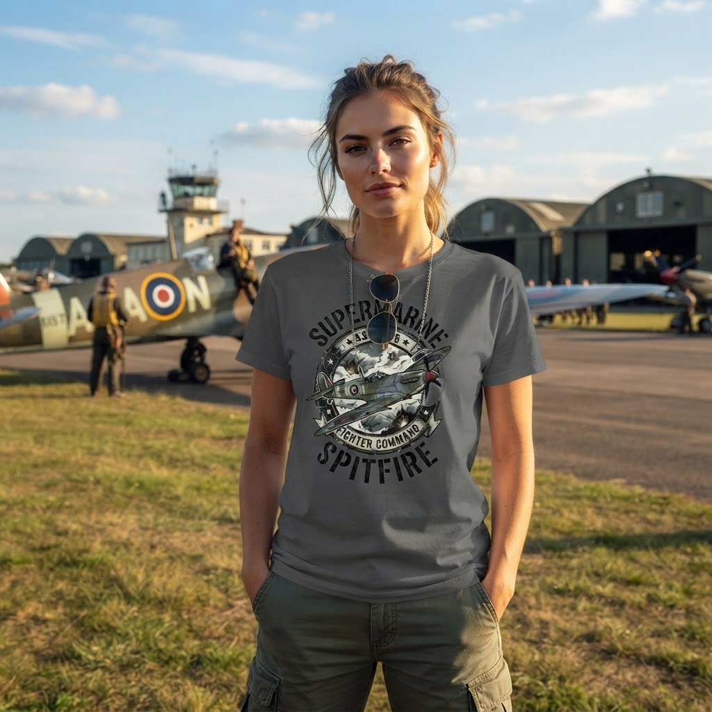 A woman stands on an airfield wearing a dark gray graphic t-shirt with a Spitfire fighter plane design and the words 'SUPERARMY' and 'SPITFIRE'.