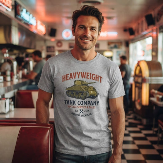 A man wearing a heather gray graphic t-shirt with a vintage tank illustration and the text 'HEAVYWEIGHT TANK COMPANY' in a retro diner setting.