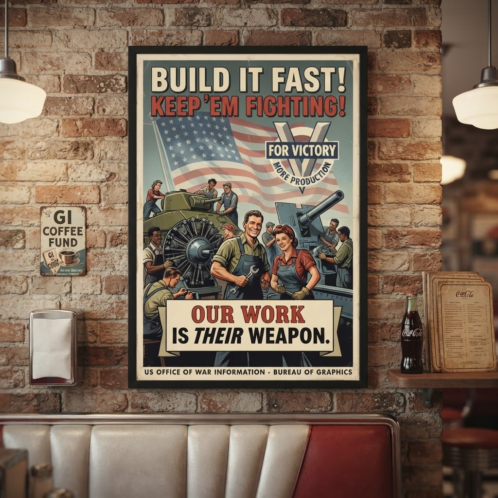 A framed vintage-style patriotic poster hanging on a brick wall in a cafe or diner setting. The poster reads 'BUILD IT FAST! KEEP 'EM FIGHTING! OUR WORK IS THEIR WEAPON' with illustrated workers, a tank, an American flag, and text including 'FOR VICTORY' and 'US OFFICE OF WAR INFORMATION - BUREAU OF GRAPHICS'.
