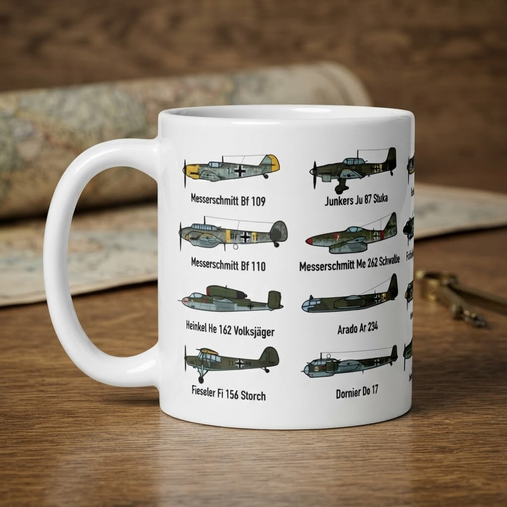 A white ceramic mug printed with illustrations of vintage German military aircraft and their model names, displayed on a wooden tabletop with a blurred background.
