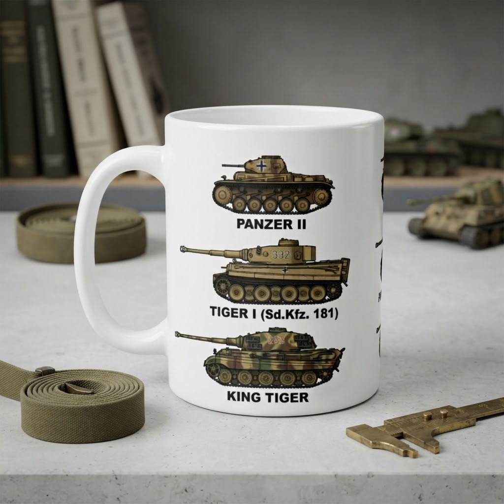 A white ceramic mug printed with three military tank illustrations and labels reading 'PANZER II', 'TIGER I (Sd.Kfz.