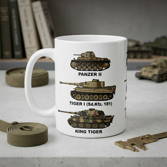 A white ceramic mug printed with three military tank illustrations and labels reading 'PANZER II', 'TIGER I (Sd.Kfz.