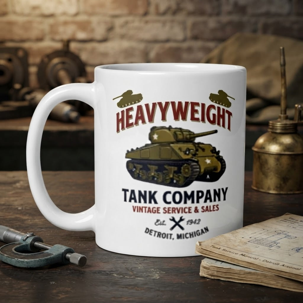 A white ceramic mug printed with a vintage-style 'Heavyweight Tank Company' graphic, shown on a rustic wooden tabletop with tools and an old book in the background.