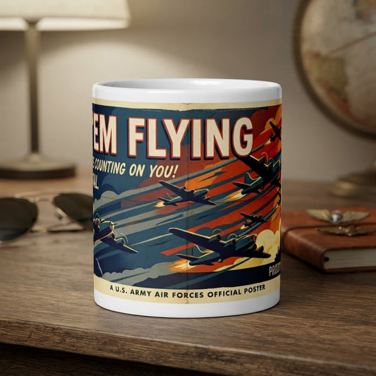 A white ceramic mug printed with a vintage-style U.S.
