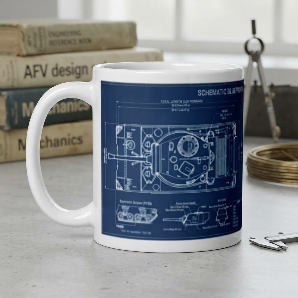 A white ceramic mug with a blue schematic blueprint print of a tank, styled on a gray tabletop with books and drafting tools in the background.