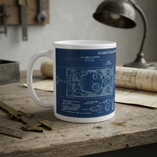 A white ceramic mug with a blue schematic blueprint print of a tank, styled on a rustic wooden desk with a vintage lamp and tools in the background.