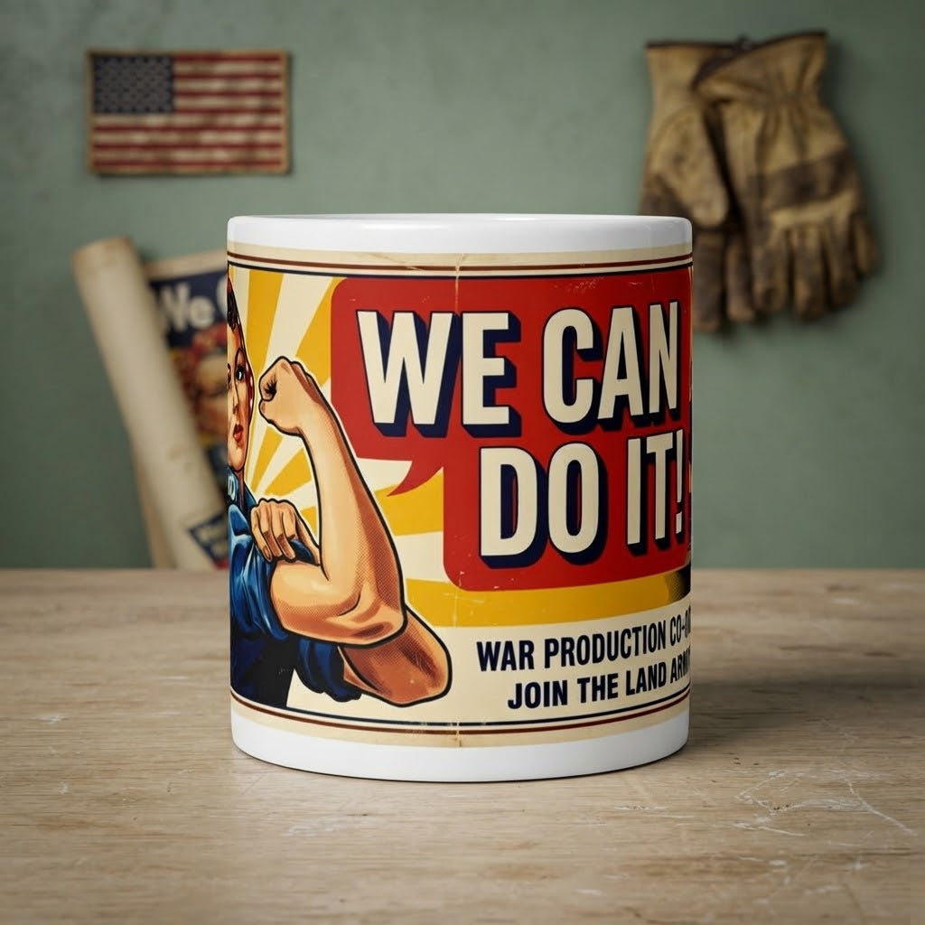 A white ceramic mug featuring a vintage-style 'We Can Do It!' poster design, set on a wooden tabletop with a rustic green wall and patriotic decor in the background.